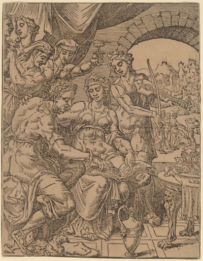 Den förlorade sonen slösar bort sitt arv på skökor av Dirck Volckertz Coornhert after Maerten van Heemskerck