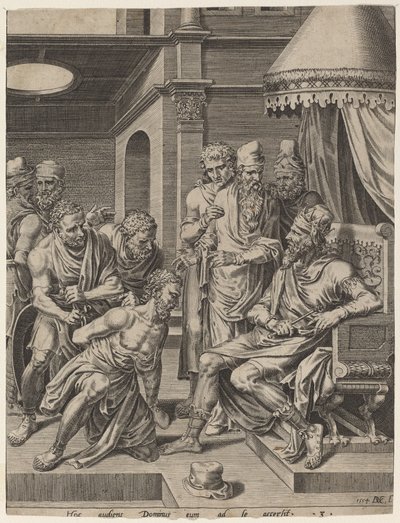 Den obarmhärtige tjänaren framställd inför kungen av Dirck Volckertz Coornhert, after Maerten van Heemskerck