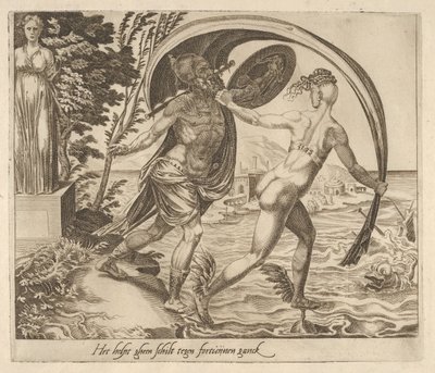 En sköld är till ingen nytta när Fortune vänder ryggen till från sex ordspråk om Fortune, ca. 1560. av Dirck Volkertsen Coornhert