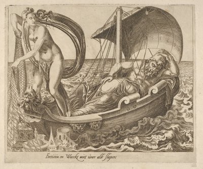 Fortune vakar inte över alla sovande från sex ordstäv om Fortune, ca. 1560. av Dirck Volkertsen Coornhert