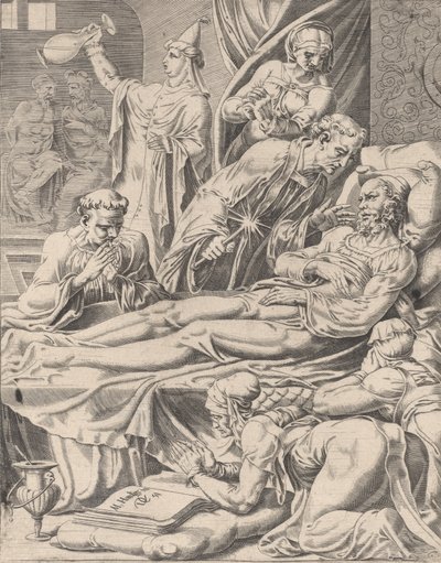 Den rike mannen på sin dödsbädd, från liknelsen om Lazarus och den rike mannen, plåt 2, 1551. av Dirck Volkertsen Coornhert