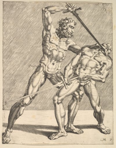 Två fäktare, från Fencers, skylt 7, 1552 av Dirck Volkertsen Coornhert