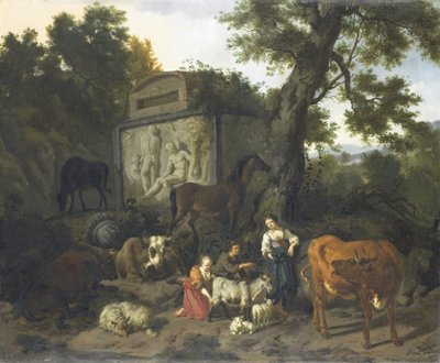 Landskap med herdar och boskap nära en grav av Dirck van Bergen