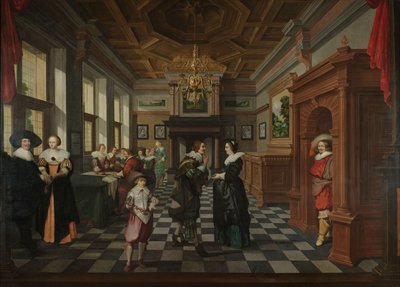 En sjudelad dekorativ sekvens: en interiör av Dirck van Delen