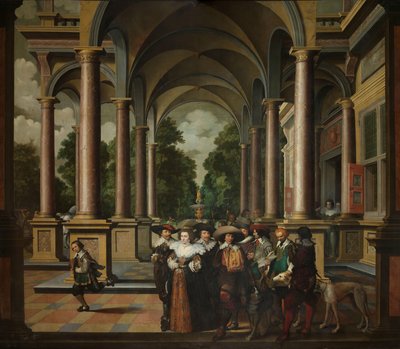 Galleri av ett palats med prydnadsarkitektur och kolumner En sjudelad dekorativ sekvens: Ett galleri av Dirck van Delen
