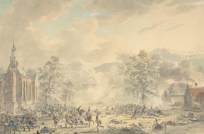 Stridsplats med kyrkan till vänster, ca. 1790-1800. av Dirk Langendijk
