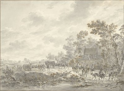 En armé marscherar genom en by av Dirk Langendijk