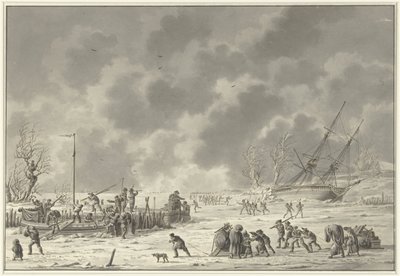 Landzatens flygningar på Texel, januari 1795 Kanonmannen Bootens och Landzaatens Vlugt i december månad 1794 (titel på objekt) av Dirk Langendijk