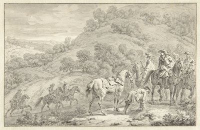 Bergslandskap med en nedstigen ryttare och andra jägare till häst av Dirk Maas