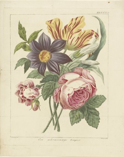 Bukett blommor med pion och tulpan En mystisk bukett (titel på objekt) av Dirk Sluyter