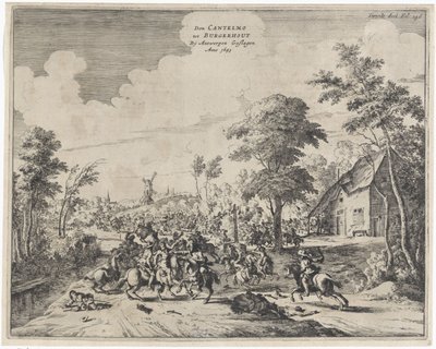 Spanjorerna under Don Cantelmo besegrade vid Borgerhout, 1643 Don Cantelmo tot Burgerhout By Antwerp Struck Anno 1643 (titel på objekt) av Dirk Stoop