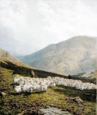 Shepherd and Sheep, Perthshire (olja på duk) av Dixon Clark