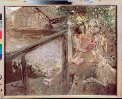 At the Bathhouse (En ung kvinna, med en hund, läser på träspången som korsar en bäck och leder till ett trähus) - At the Bathhouse - Målning av Dmitri Anfimovich Shcherbinovsky (1867-1926), olja på duk av Dmitri Anfimovich Shcherbinovsky
