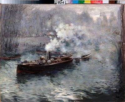 A Steamboat - Målning av Dmitri Anfimovich Shcherbinovsky (1867-1926), olja på duk av Dmitri Anfimovich Shcherbinovsky