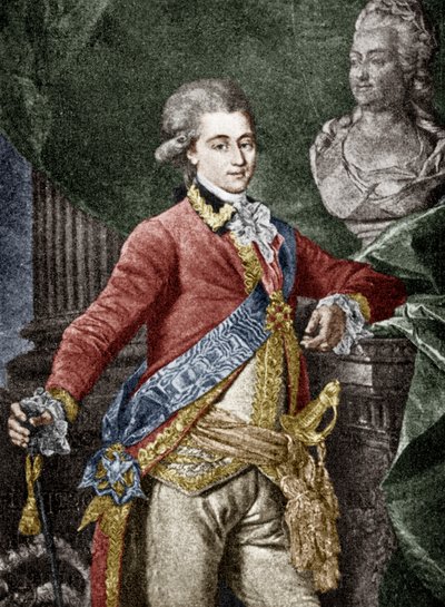 Alexander Dmitrievich Lanskoy (1758-1784) rysk militär, älskare till Katarina II av Ryssland, gravyr kolorerat dokument av Dmitri Grigor