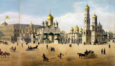 Bebådelsens och ärkeängelns katedraler, från ett panorama av Moskva, graverade av Philippe Benoist 1813-c.1905 och Aubrun, pub. av Lemercier litho detalj av 105099 av Dmitri Indieitzeff