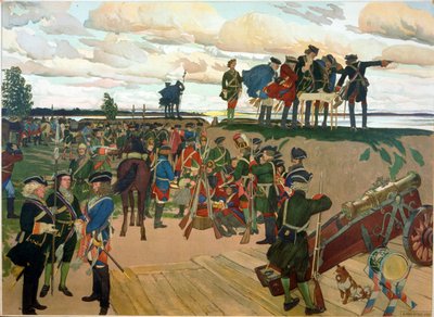 Grundandet av Sankt Petersburgs fästning av Peter I den store (1672-1725) på 1700-talet. (Grundandet av fästningen St Petersburg). Verk av Dmitri Nikolayevich Kardovsky (Kardovski) (1866-1943), litografi av Dmitri Nikolayevich Kardovsky