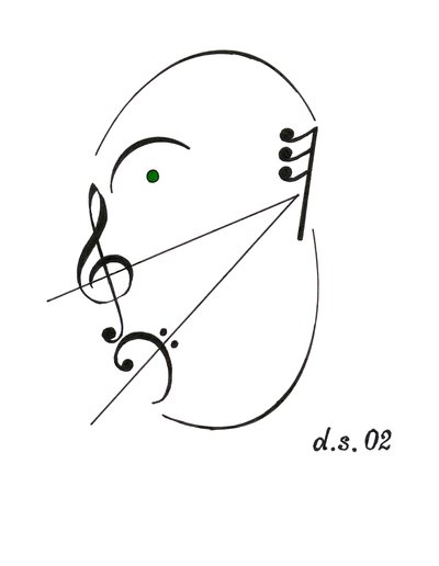 Diminuendo-ansikte - ett sjungande ansikte ritat med hjälp av musiksymbolen för diminuendo och diverse andra musikaliska notationer av Dmitri Smirnov