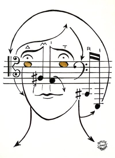 Dmitri "Smirnoff" - porträtt av den ryske kompositören, ritat med hjälp av musikalisk notation av Dmitri Smirnov