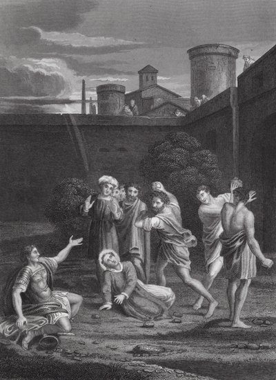 Steningen av Sankt Stefan, Apostlagärningarna, kapitel VII, vs 54, 60 (gravyr) av Domenichino (1581 1641) (after)