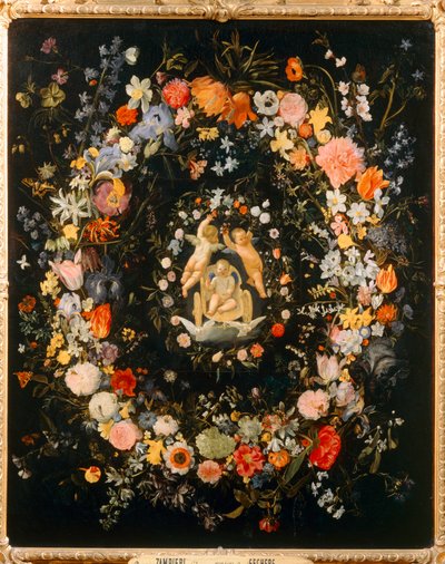 Kärlekens triumf med blomsteromfattning ... av Domenichino (1581 1641)