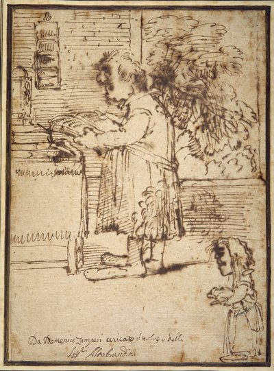 Karikatyr av Aldobrandini-teologen, med en kvinnlig dvärg som håller sin hund (penna och bläck på papper) av Domenichino