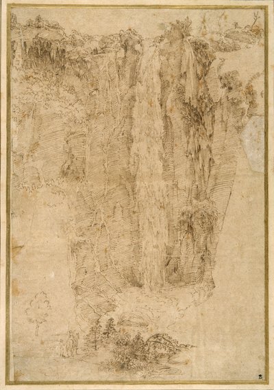 Landskap med en kaskad; vid foten, två män, en monterad (penna & brunt bläck på papper) av Domenichino