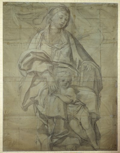 Madonna och barn (svart krita på papper) av Domenichino