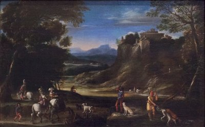 Skogbevuxen landskap med jakt scen av Domenichino (1581 1641)