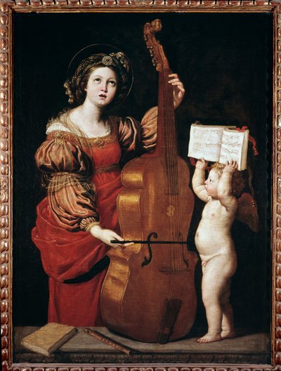 St Cecilia med en ängel som håller ett partitur (olja på duk av Domenichino