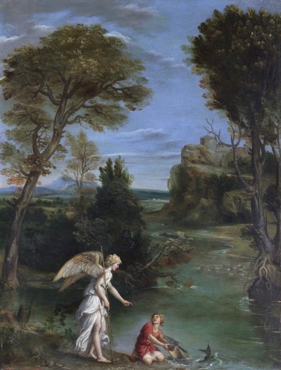Landskapsbild med Tobias som håller i fisken av Domenichino
