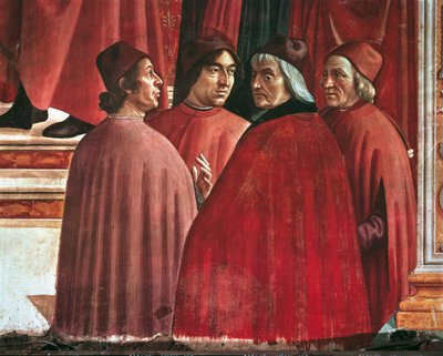 Stories of the Virgin Mary: Annunciation to Zacharias, detalj av Cristoforo Landino, Angelo Poliziano och Marsilio Ficino, c.1485-90 (fresk) av Domenico Ghirlandaio
