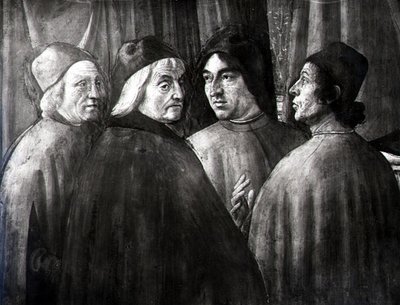 Zakaria katika Hekalu, maelezo ya vikundi vya wanaume av Domenico Ghirlandaio
