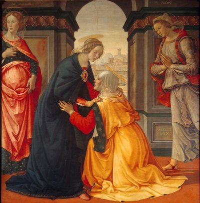 Besök: Jungfru Maria besöker Elisabeth, mellan Marie Jacobie och Marie Salome, vittnen till korsfästelsen och uppståndelsen, målning av Domenico Ghirlandaio (1449-1494) 1491 av Domenico Ghirlandaio