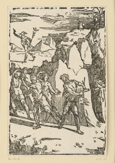 Allegori över metallutvinning. Metallerna har lämnat bergets inre och flyr när vulkanen (Hefaistos) uppmanar dem att följa med honom till smedjan. Ur serien ”De re metallica”. av Domenico Beccafumi