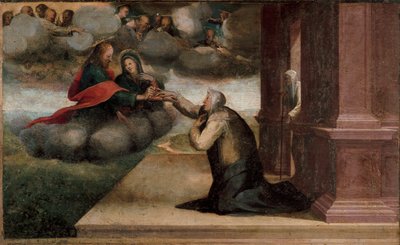 Altartavla av St. Catherines stigmas. Detalj av Predelle: Det mystiska bröllopet av St. Katarina av Siena. Målning av Domenico Beccafumi (1486-1551) av Domenico Beccafumi