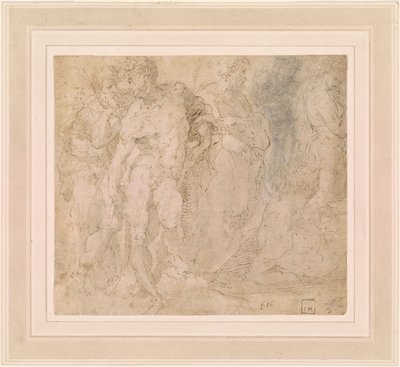 Beccafumi - Stående manlig naken bland en grupp figurer, en av dem liggande, ca 1530-1540 av Domenico Beccafumi