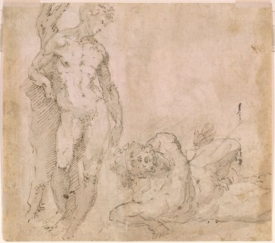 Beccafumi - Verso manlig nakenfigur lutad mot en trädstam och liggande manlig nakenfigur med bakåtkastat huvud, ca 1530-1540 av Domenico Beccafumi