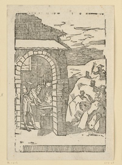 Metallernas kall. Hefaistos (Vulkan) och en lärd står vid elden i en smedja, medan gudarna (som representanter för metallerna) gömmer sig ute i klipporna: Saturnus (bly), Jupiter (tenn), Venus (koppar), Luna (silver), Merkurius (kvicksilver) av Domenico Beccafumi