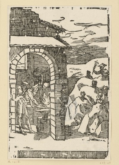 Metallernas kall. Hefaistos (Vulkan) och en lärd står vid elden i en smedja, medan gudarna (som representanter för metallerna) gömmer sig ute i klipporna: Saturnus (bly), Jupiter (tenn), Venus (koppar), Luna (silver), Merkurius (kvicksilver) av Domenico Beccafumi