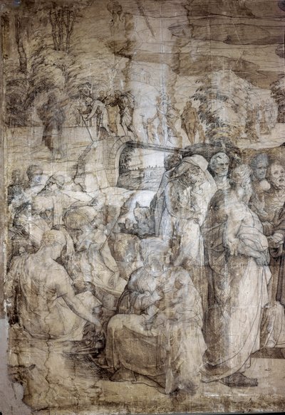 Historia om Moses på berget Sinai: Hebréerna väntar på Moses återkomst. Förberedande ritning för trottoaren av katedralen i Siena. Målning av Domenico Beccafumi (1486-1551). Italien, Siena, National Pinacotheque. (Siena, Pinacoteca Nazionale) av Domenico Beccafumi