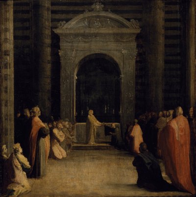 Erbjudandet av Sienas nycklar till Jungfrun, på eller efter 1526 (olja på papper på träpanel) av Domenico Beccafumi