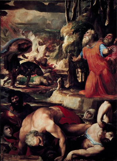 The Punishment of Core (Kore), Dathan (Datan, Nathan) och Aboron (Abiram) (The Punishment of Celestial Fire, avsnitt av leviternas uppror mot Moses och lagens auktoritet). Målning av Domenico Beccafumi (1486-1551) av Domenico Beccafumi
