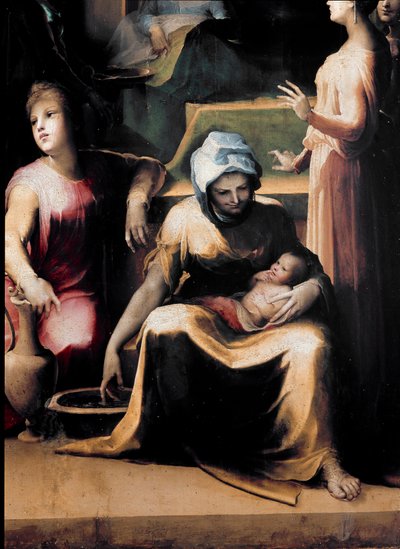 Jungfruns födelse. Detalj som visar en piga med den nya do. Målning av Domenico Beccafumi (1486-1551), cirka 1540-1543. trä. Mått: 233x145cm. Italien, Siena, National Pinacotheque (Siena, Pinacoteca Nazionale) av Domenico Beccafumi