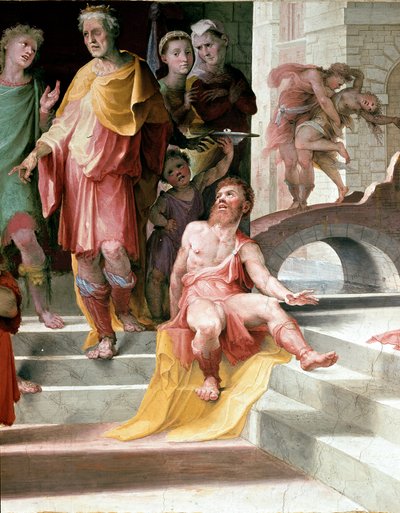 Offret av Seleucos de Locres (Seleucus de Locride) Seleucos för att förblinda sin son, för att straffa honom för en våldtäkt han hade begått, föredrar att dö ett av hans ögon. Fresk av Domenico di Giacomo di Pace dit Beccafumi (1486-1551). Detalj. 1529-153 av Domenico Beccafumi