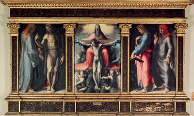 Treenighetens triptyk: Sankt Cosimo (Kom eller Cosimo), Sankt Johannes Döparen, Treenigheten, Sankt Johannes evangelisten och Sankt Damien. Infoga "" INRI"" på krysset. Målning av Domenico Beccafumi (1486-1551) av Domenico Beccafumi