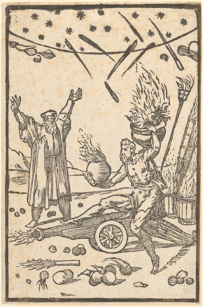 Vulkan leder ett fyrverkeri, blad 10 i serien ”De la Pirotechnia” av Domenico Beccafumi