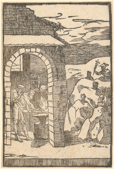 Vulkan och filosofen (Teoria) arbetar i smedjan, medan metallerna där ute gömmer sig i klipporna, blad 1 i serien ”De la Pirotechnia” av Domenico Beccafumi