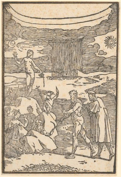 Vulkan och filosofen (Teoria) ger sig ut på jakt efter de metaller som finns inneslutna i klipporna, blad 2 i serien ”De la Pirotechnia” av Domenico Beccafumi