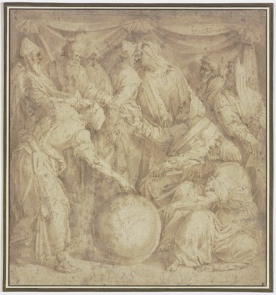 Tio filosofer samlade kring en jordglob av Domenico Beccafumi